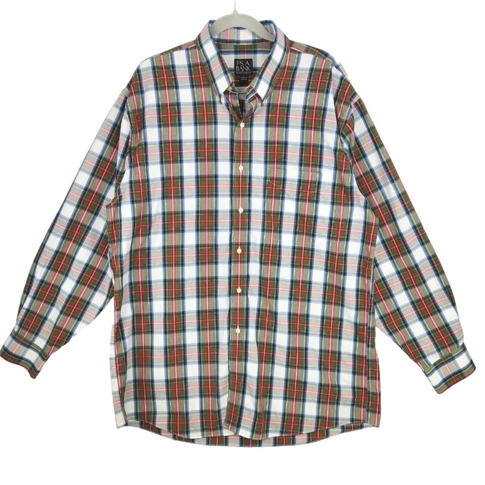 Jos. A. Bank Traveler's Collection Sz L Red Green Plaid Button-Down Long Sleeve
